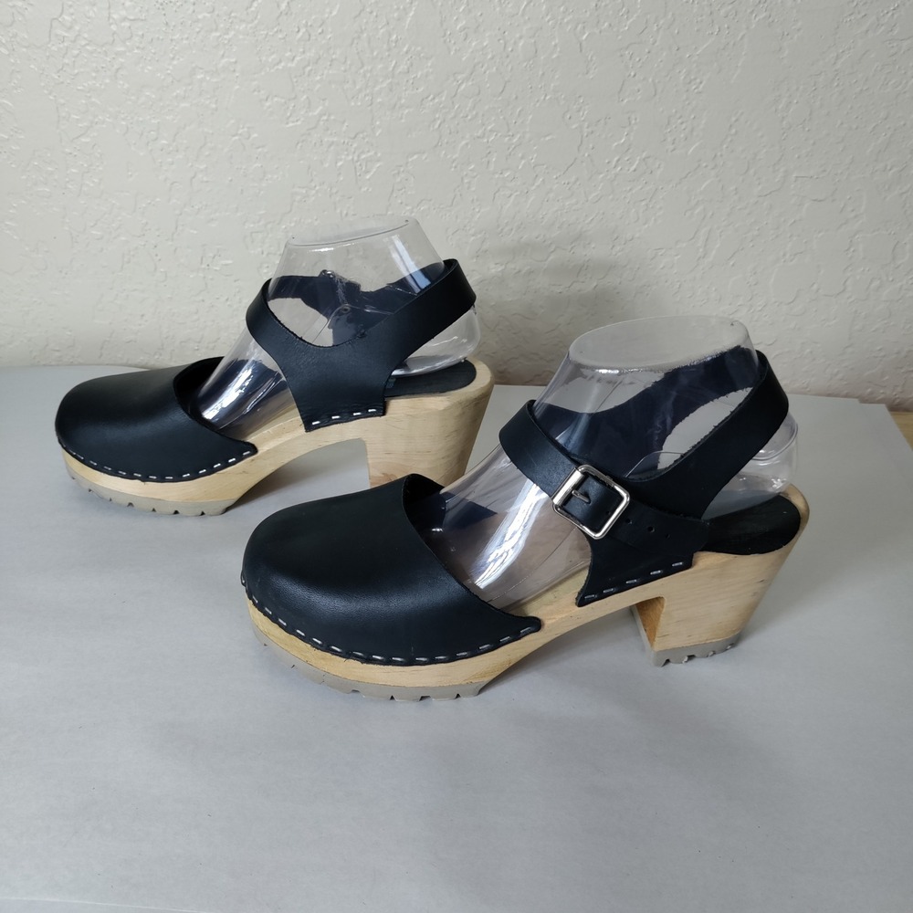 Mia Black Leather T-Strap Sky High Clogs Wood Platform Sandals 40